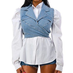 PRE-ORDER (PLEASE DO NOT RUN) Puff Shoulder Blouse w/ Wrap Denim Crop Top